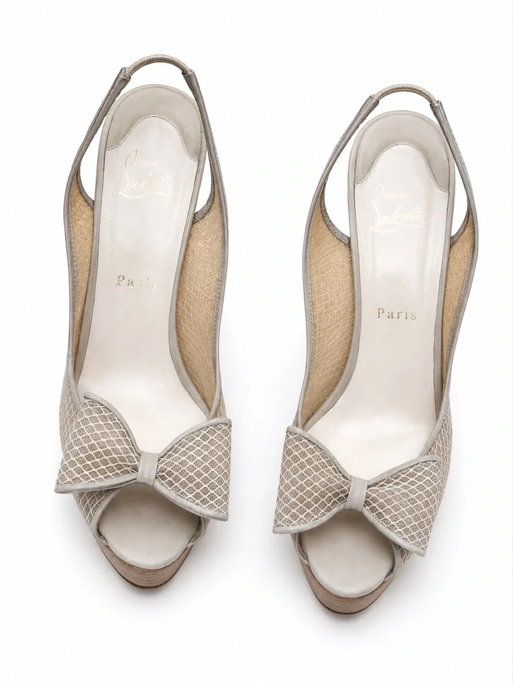 Christian Louboutin Neutral Beige Bow Peep-Toe Slingback Heels - Picture 1 of 5